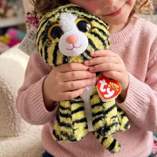 Criança abraçando uma pelúcia de tigre
